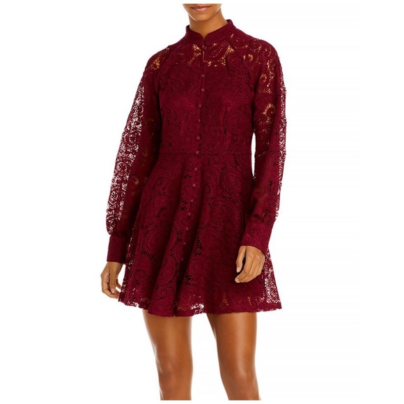 Aqua Dresses & Skirts - Aqua NWT Lace Button Front Long Sleeve Mock Neck Mini Dress Burgundy Medium New